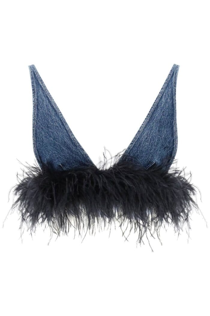 MIU MIU Feather-trimmed Denim Bra Top