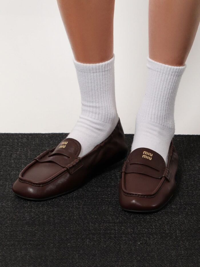 Miu Miu Ruches Leather Loafers With Lettering Logo