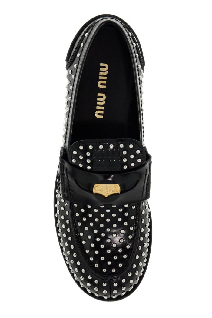 MIU MIU Studded Brushed Leather Penny Loafers