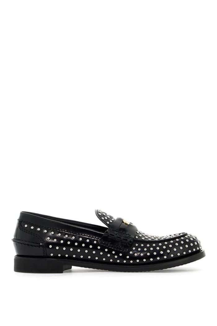 MIU MIU Studded Brushed Leather Penny Loafers