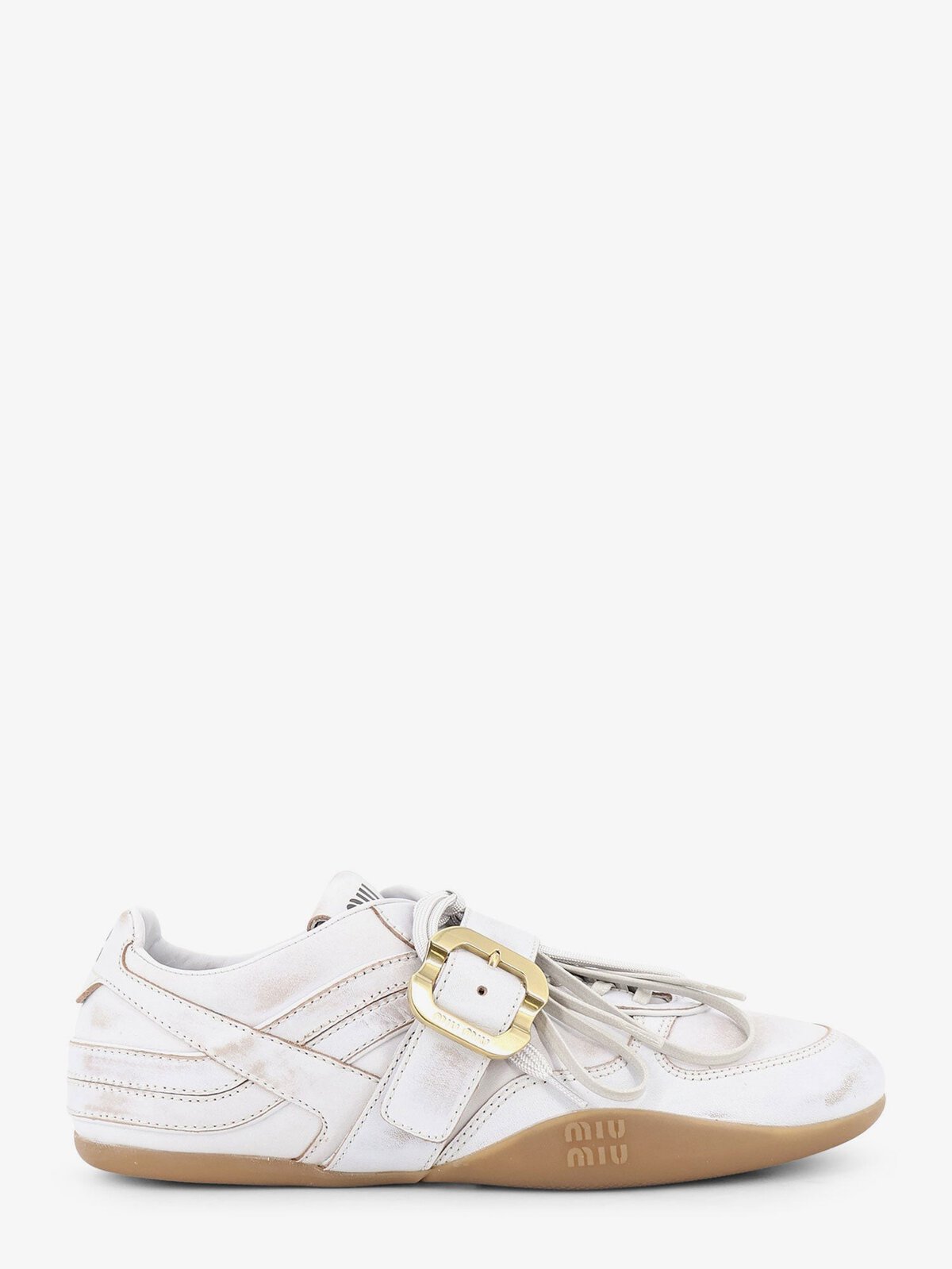 Miu Miu Used-effect Leather Sneakers With Metal Buckle Detail