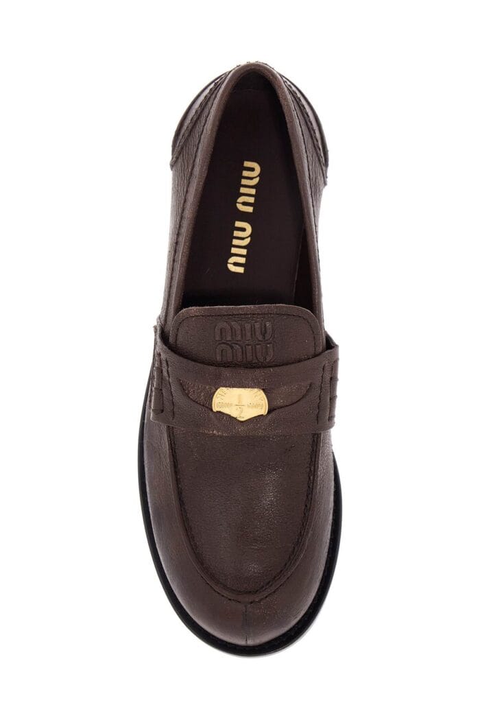 MIU MIU Vintage-effect Leather Penny Loafers