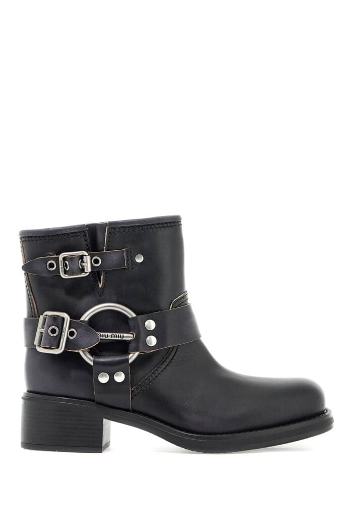 MIU MIU Vintage Leather Ankle Boots With Distressed Effect