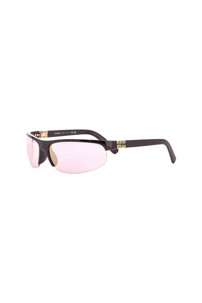 MIU MIU Wraparound Sunglasses Dark Brown Metallic Pink Lenses 2025