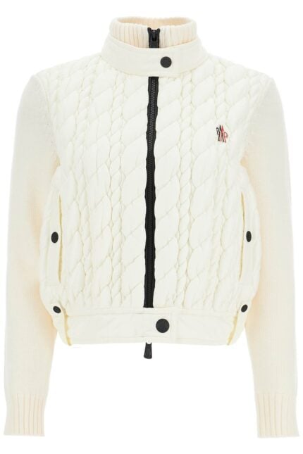 MONCLER GRENOBLE Slim Fit High Neck Cardigan In Natural Virgin Wool