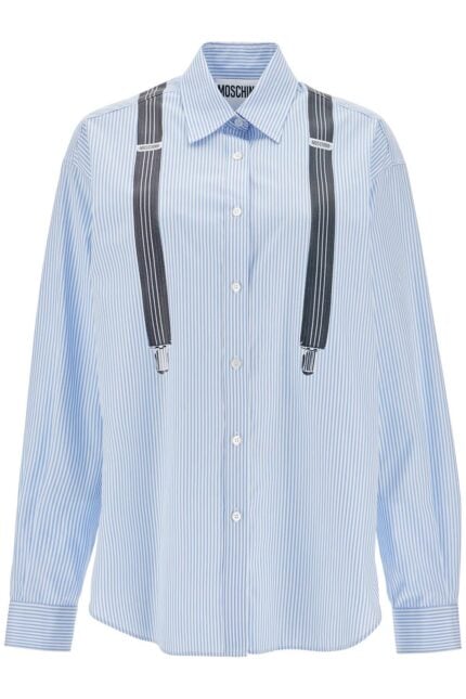 MOSCHINO Light Blue Cotton Striped Shirt With Decorative Straps