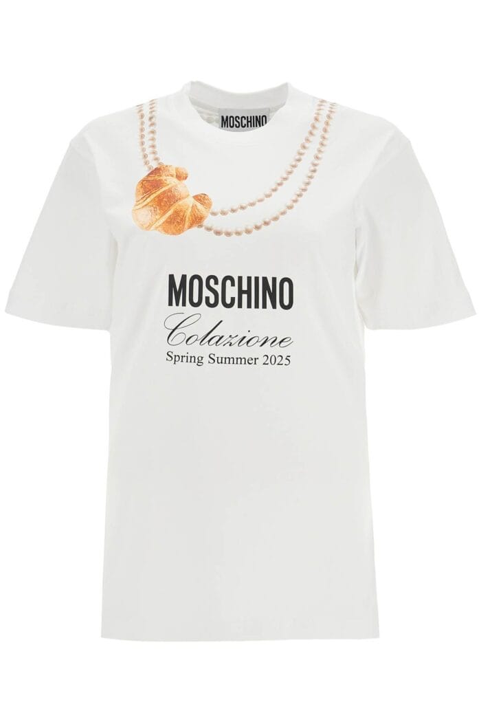 MOSCHINO White Cotton T-shirt With Croissant And Pearls Print