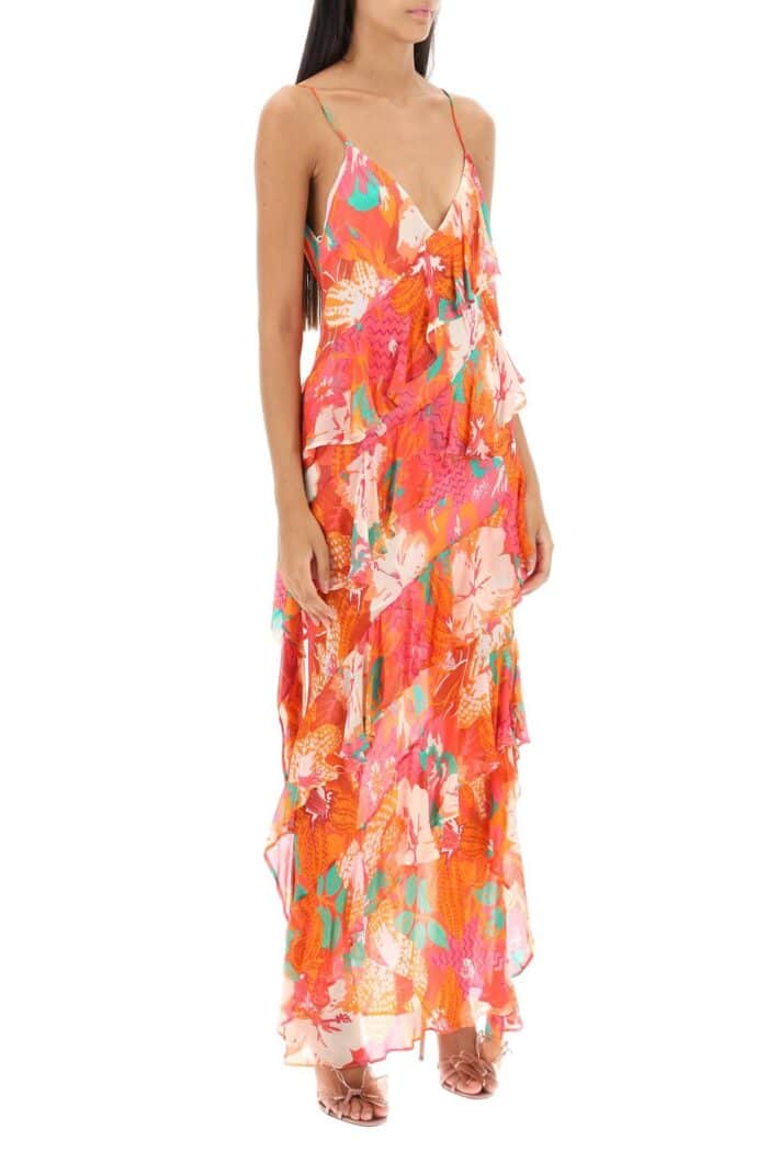 Msgm Maxi Frilled Dress With Tropical Motif