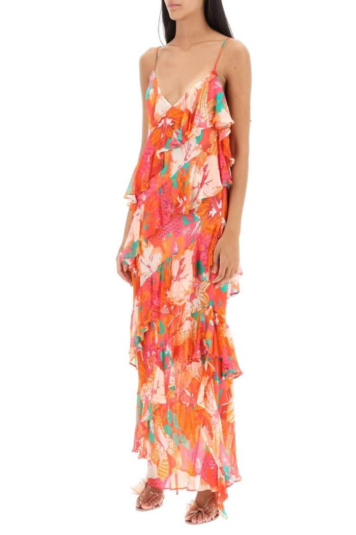 Msgm Maxi Frilled Dress With Tropical Motif