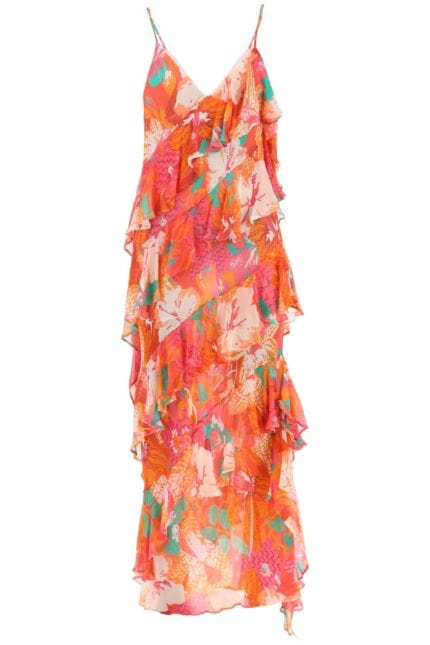 Msgm Maxi Frilled Dress With Tropical Motif