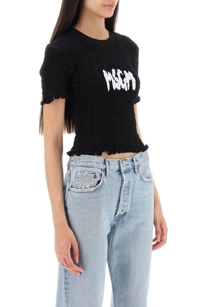 Msgm Smocked T-shirt With Logo Print