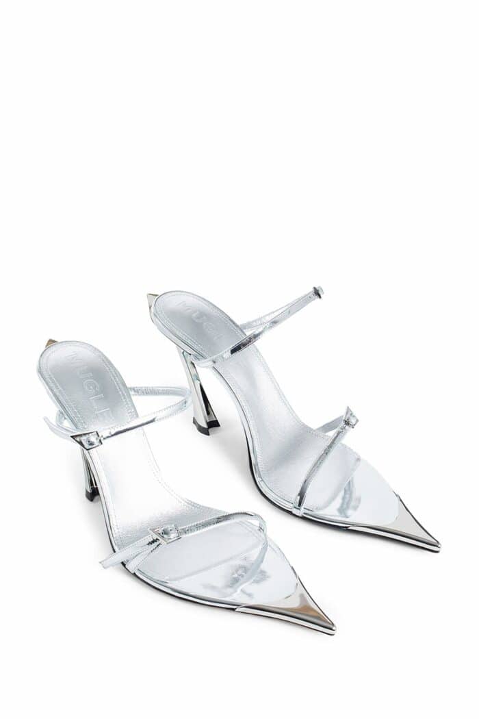 MUGLER Strappy Fang Metallic Leather 95 Mules