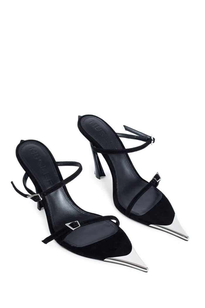 MUGLER Strappy Fang Suede 95 Mules