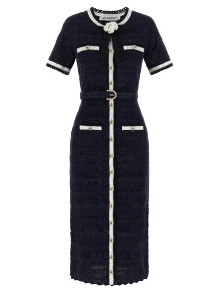SELF PORTRAIT 'Navy Pointelle Knit Midi' Dress