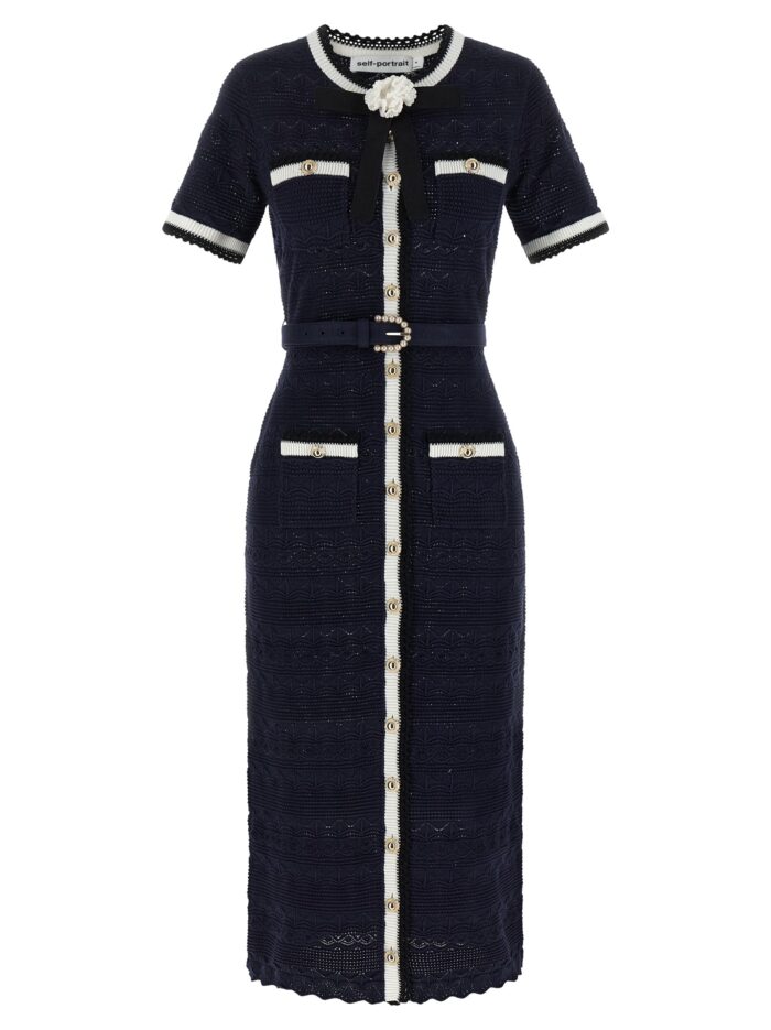 SELF PORTRAIT 'Navy Pointelle Knit Midi' Dress
