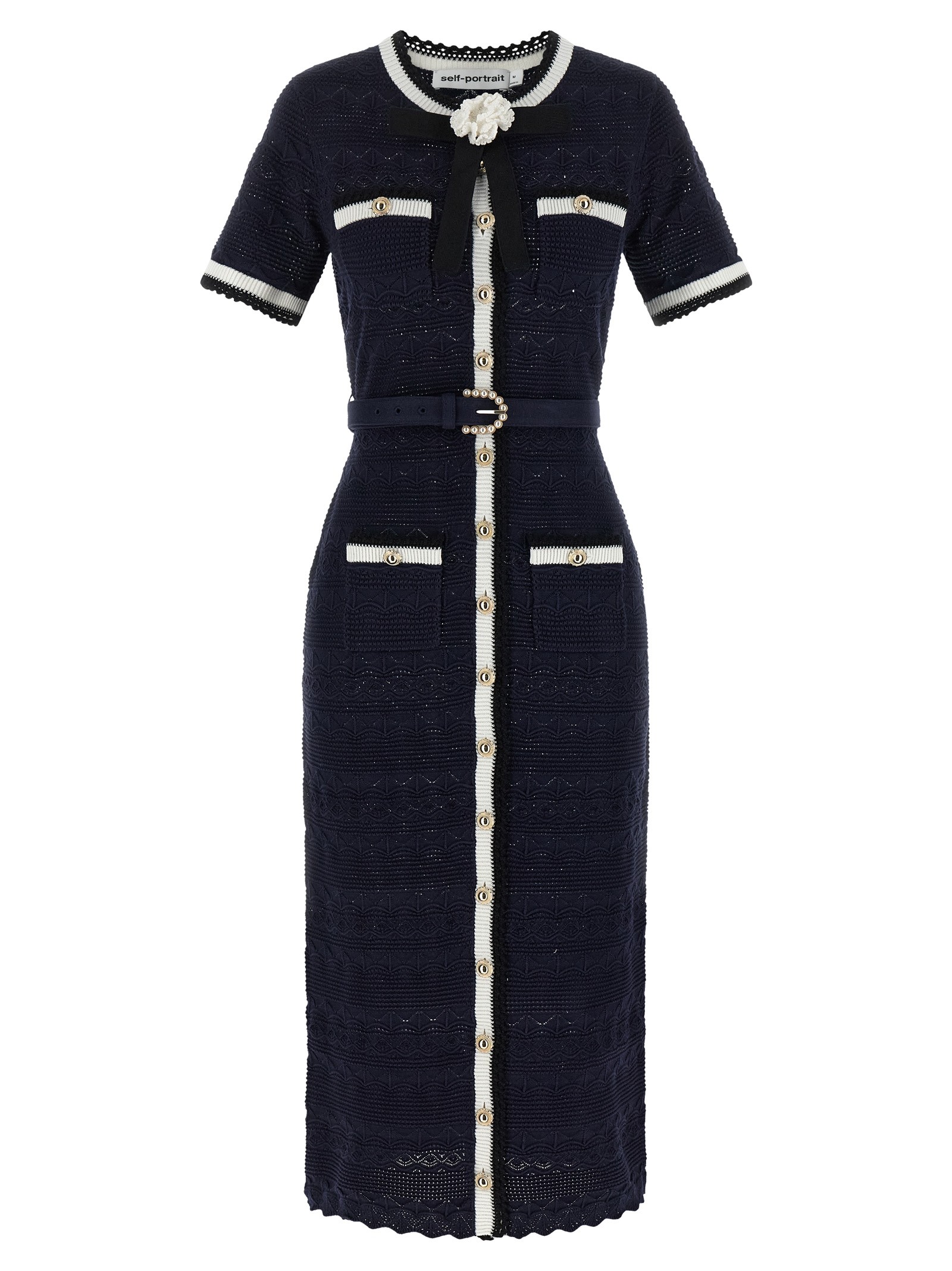 SELF PORTRAIT 'Navy Pointelle Knit Midi' Dress