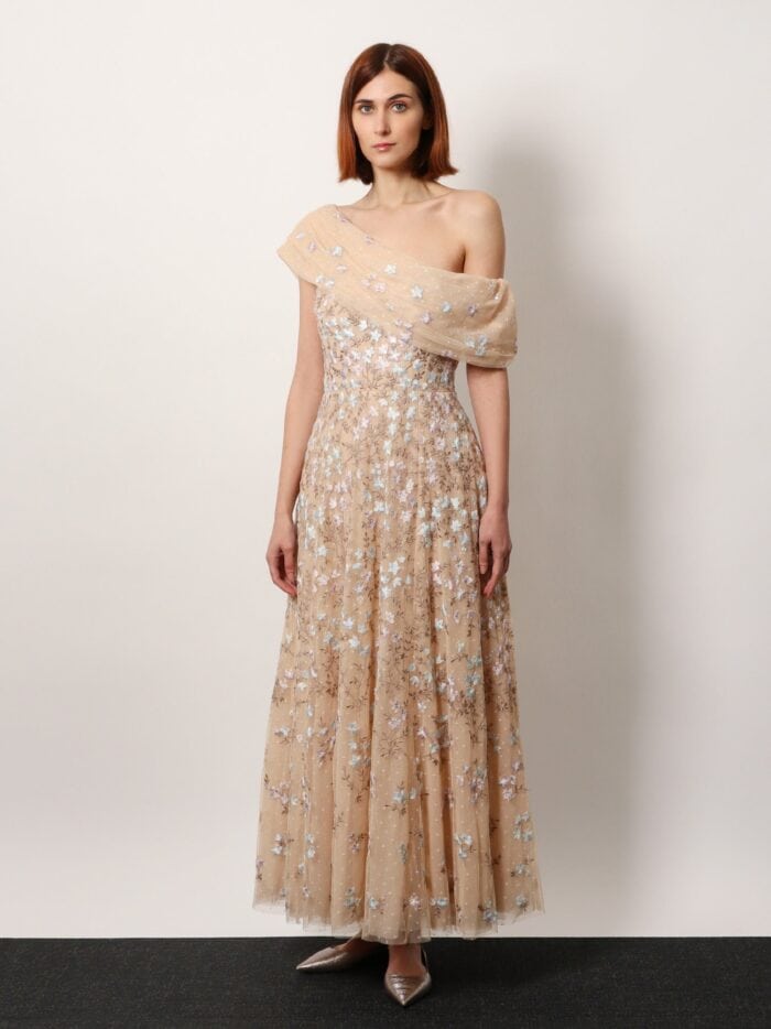 NEEDLE & THREAD One-shoulder Long Dress With Multicolor Embroidery