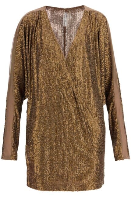 NORMA KAMALI Mini Wrap Dress With V-neck Long Sleeves Shimmering Bronze Cocktail