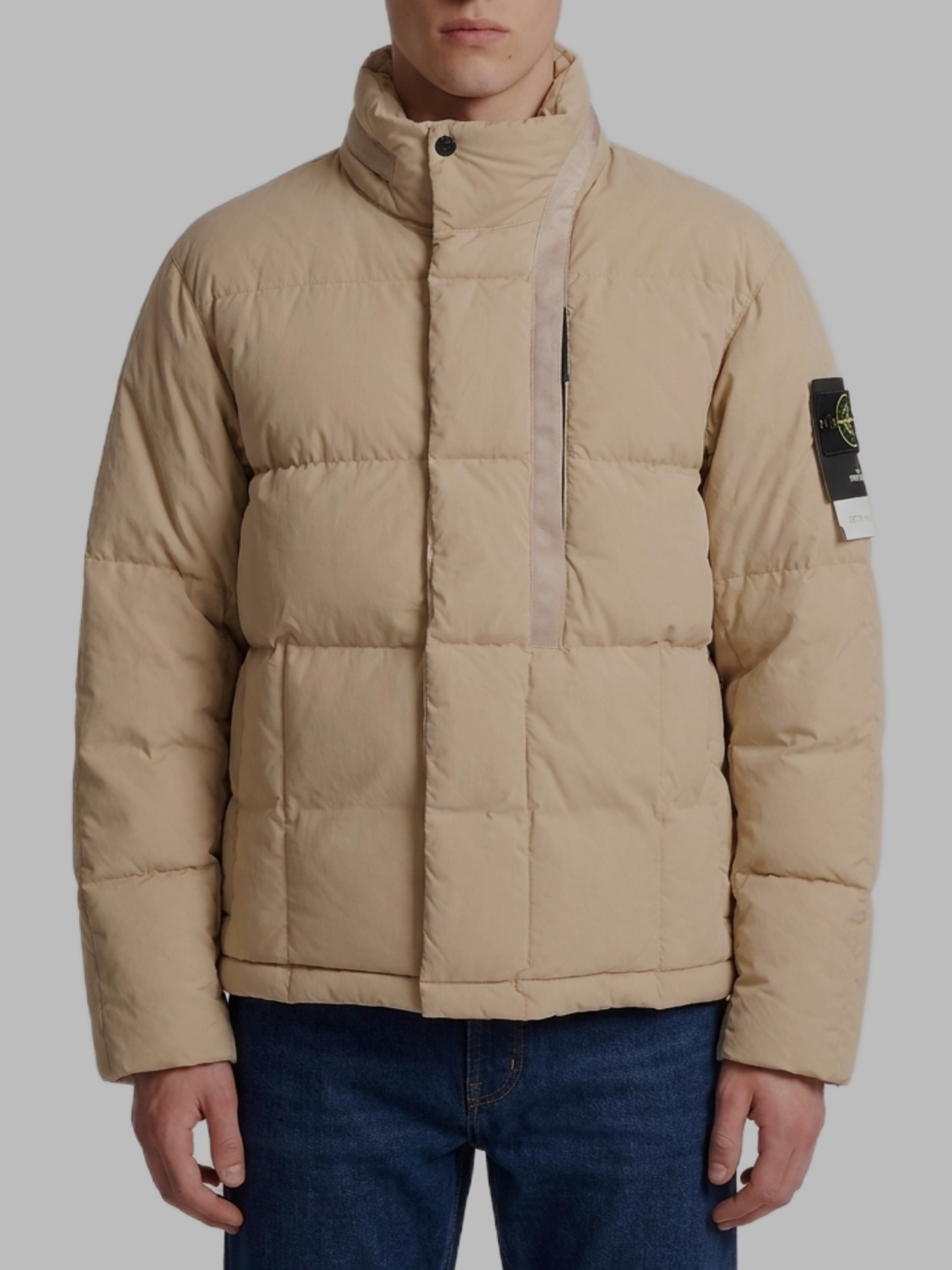 Stone Island Beige cotton and nylon canvas down jacket.