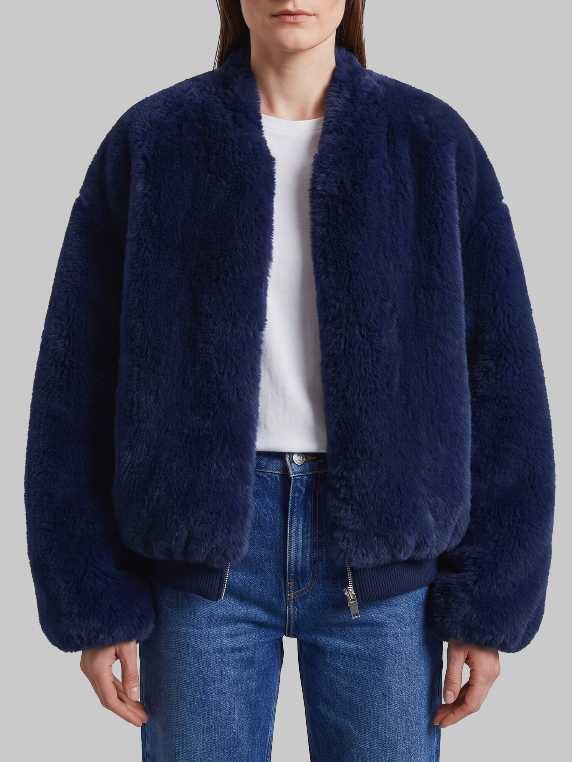 The Frankie Shop Navy blue Senna faux fur collarless jacket