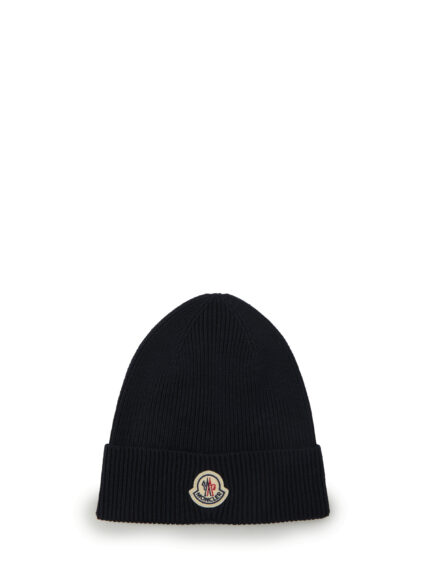 Moncler Navy blue wool beanie with logo