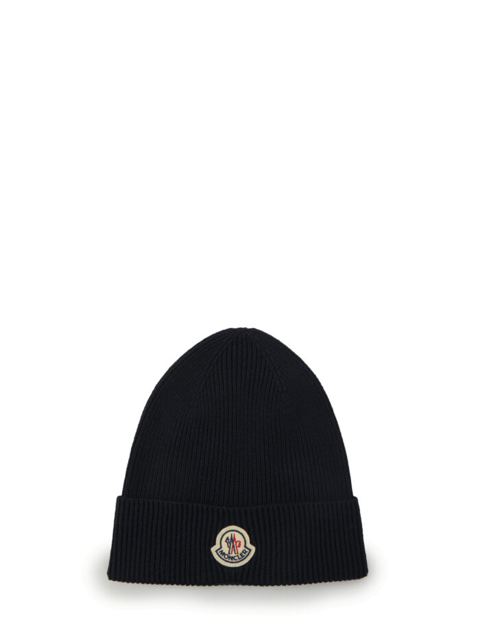 Moncler Navy blue wool beanie with logo