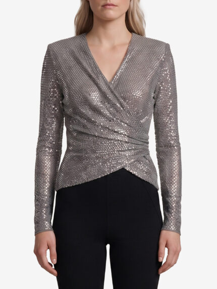 Self Portrait Grey rhinestone mesh wrap top