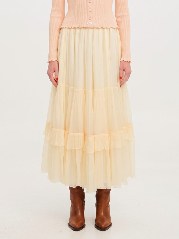 chloe long skirt with silk muslin ruffle Chloe Long skirt with silk muslin ruffle