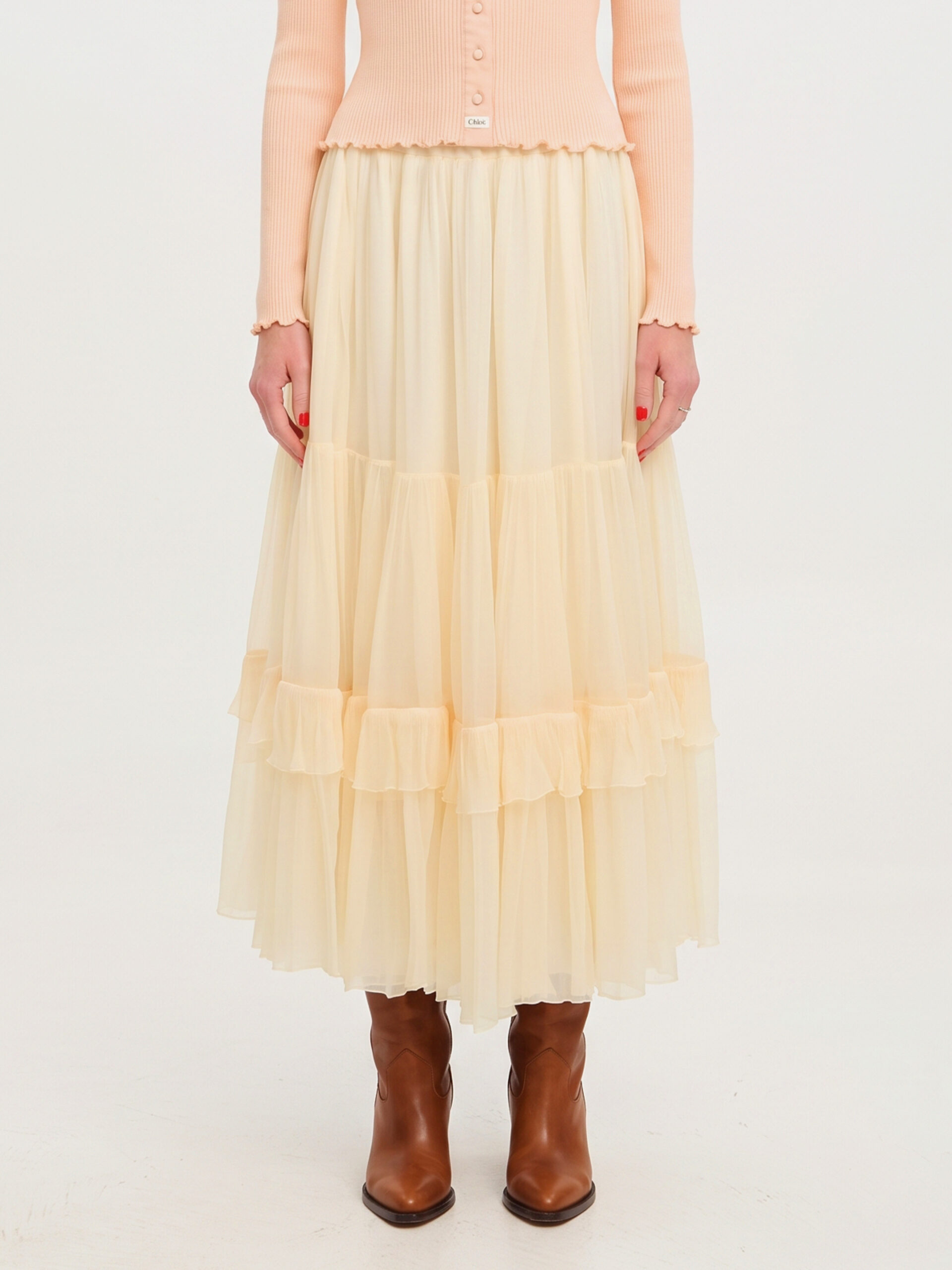 Chloe Long skirt with silk muslin ruffle
