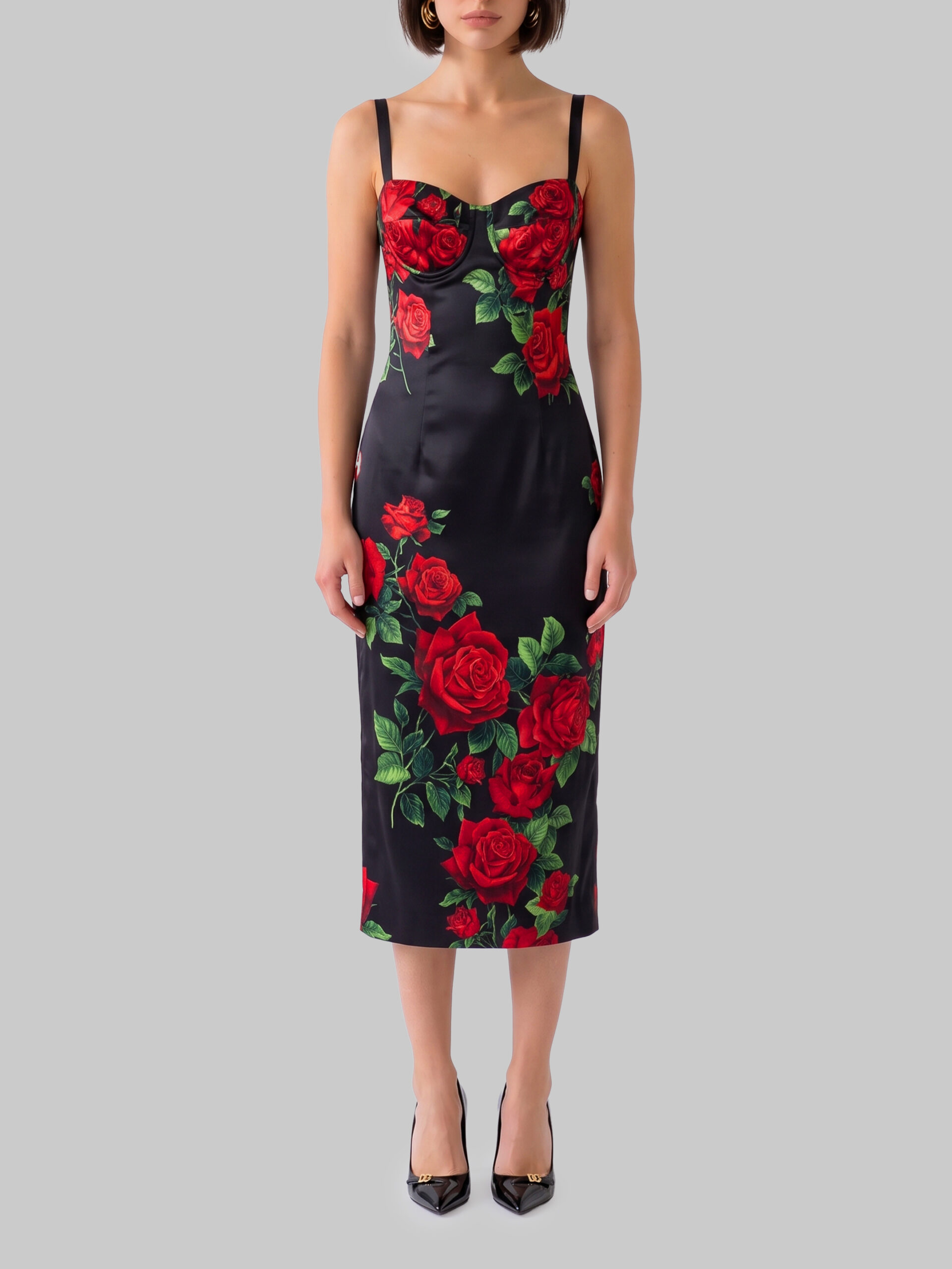 Dolce&gabbana Midi dress in rose-print satin