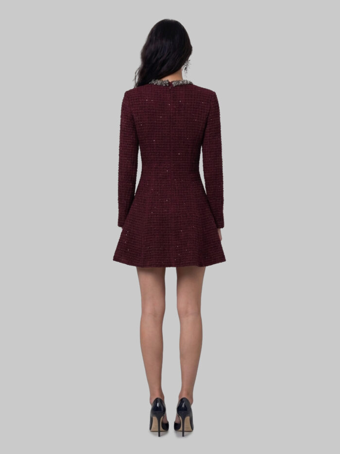 Self Portrait Burgundy textured knit embellished mini dress
