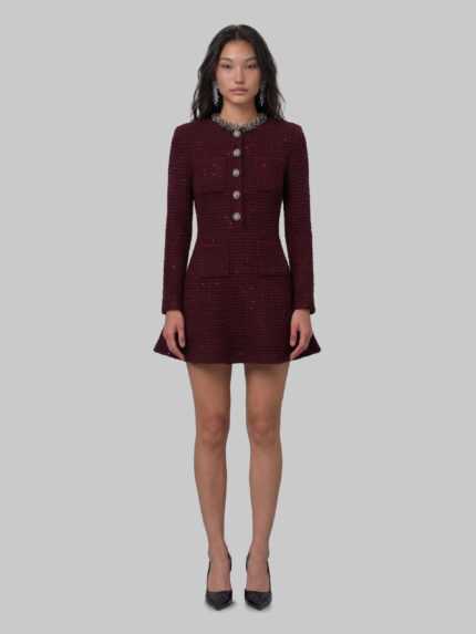 Self Portrait Burgundy textured knit embellished mini dress