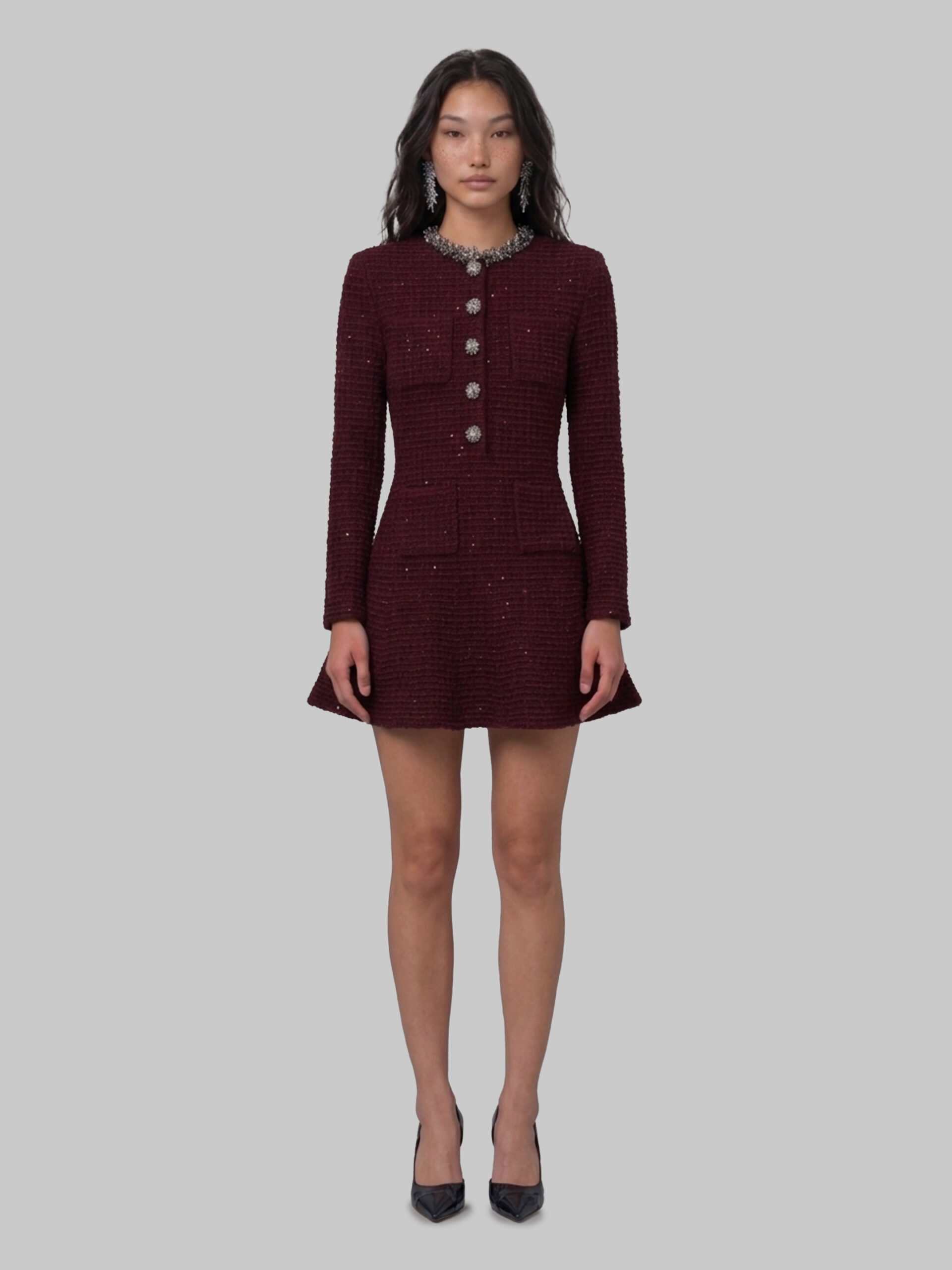 Self Portrait Burgundy textured knit embellished mini dress