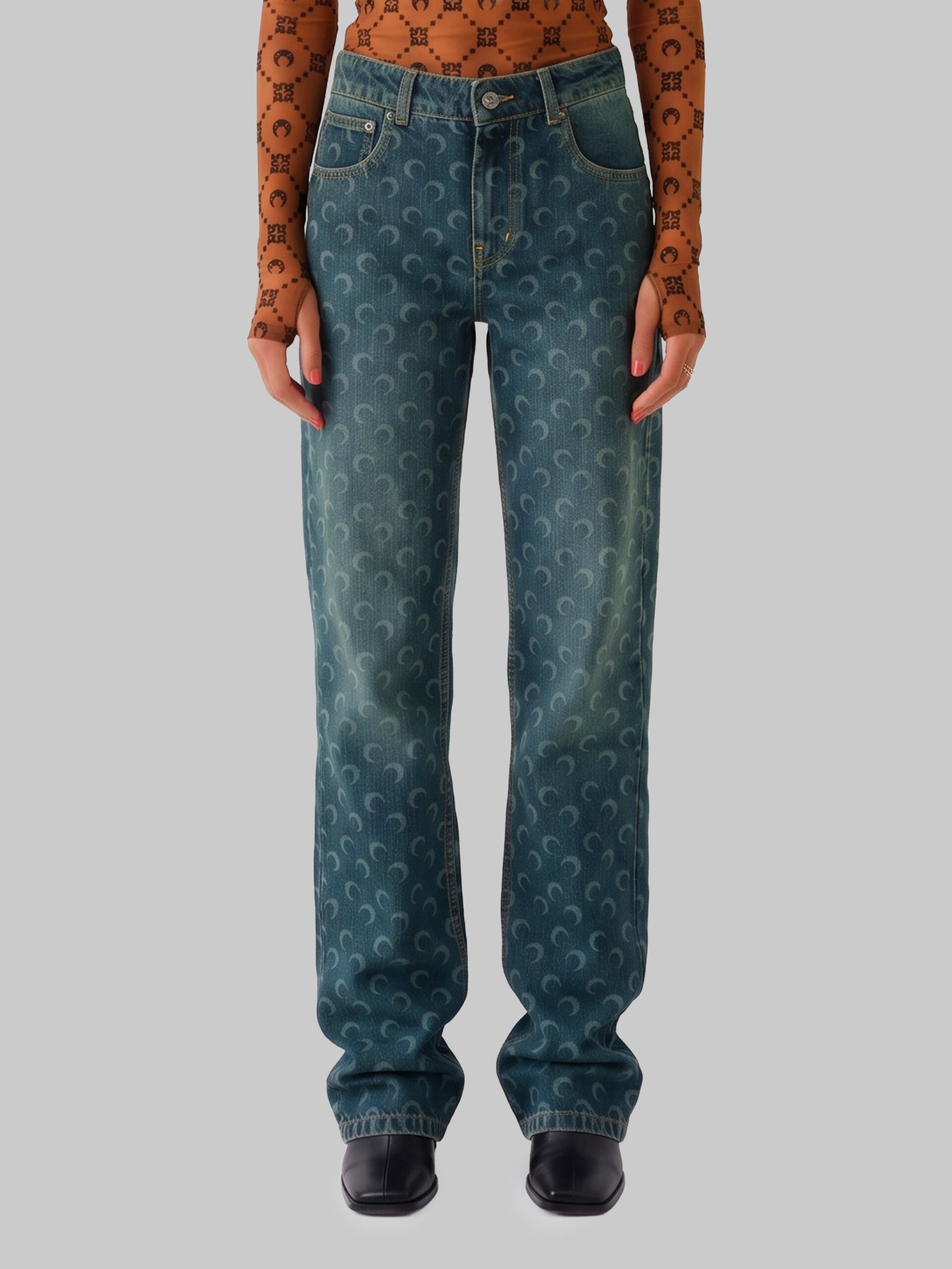 Marine Serre Moon laser dark blue wash denim straight jeans