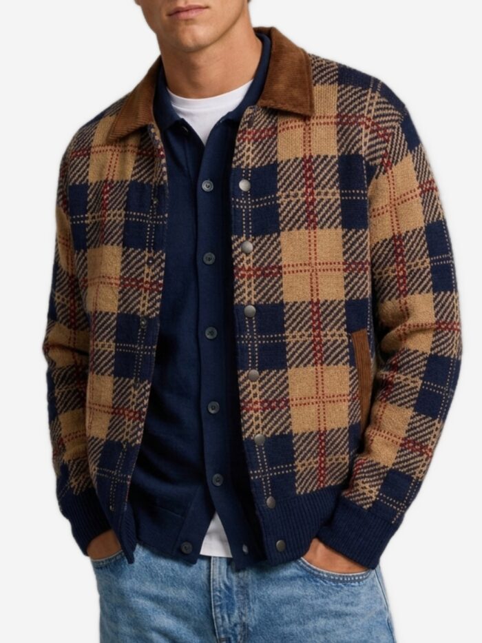 Guest In Residence Camel combo tartan bomber
