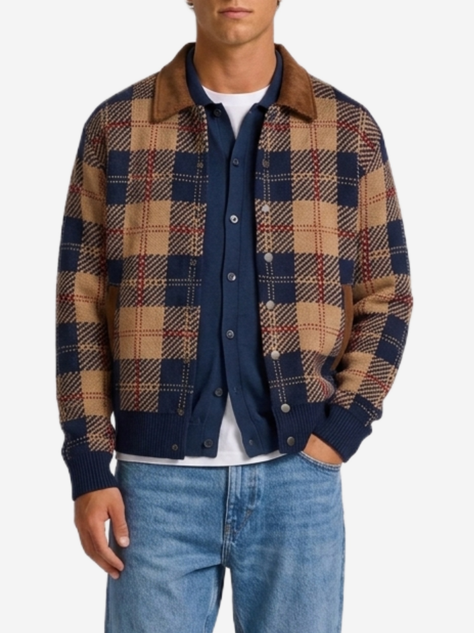 Guest In Residence Camel combo tartan bomber