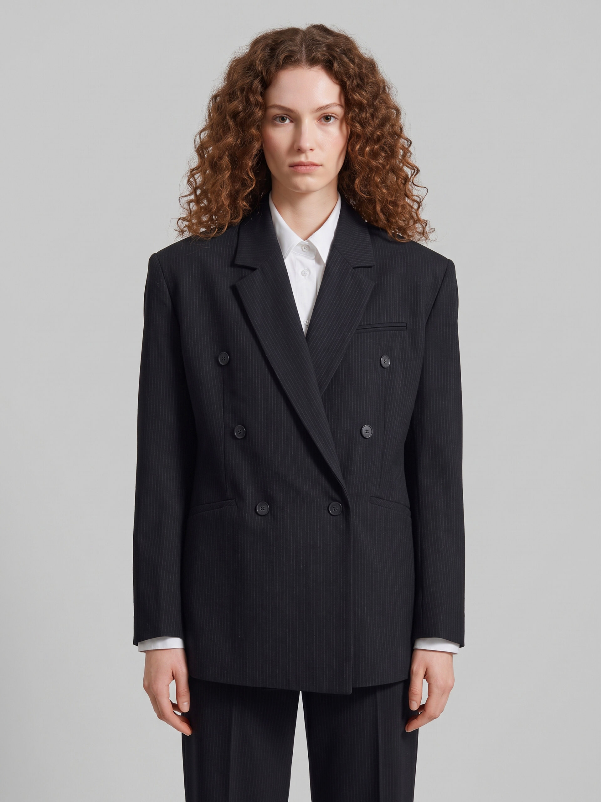 The Frankie Shop Double-breasted Jade blazer in black pinstripe