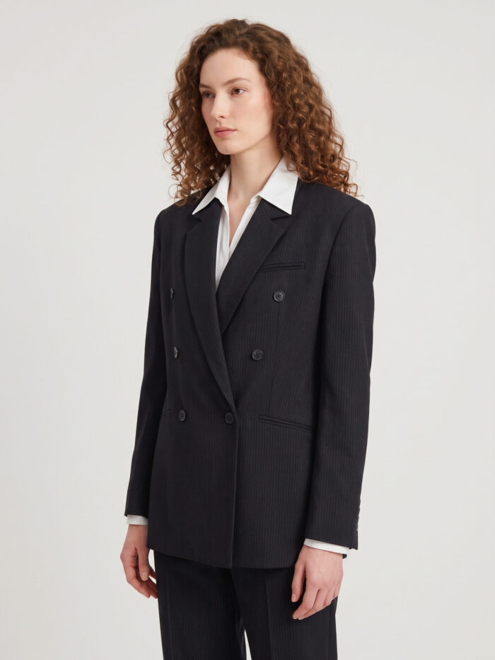 The Frankie Shop Double-breasted Jade blazer in black pinstripe