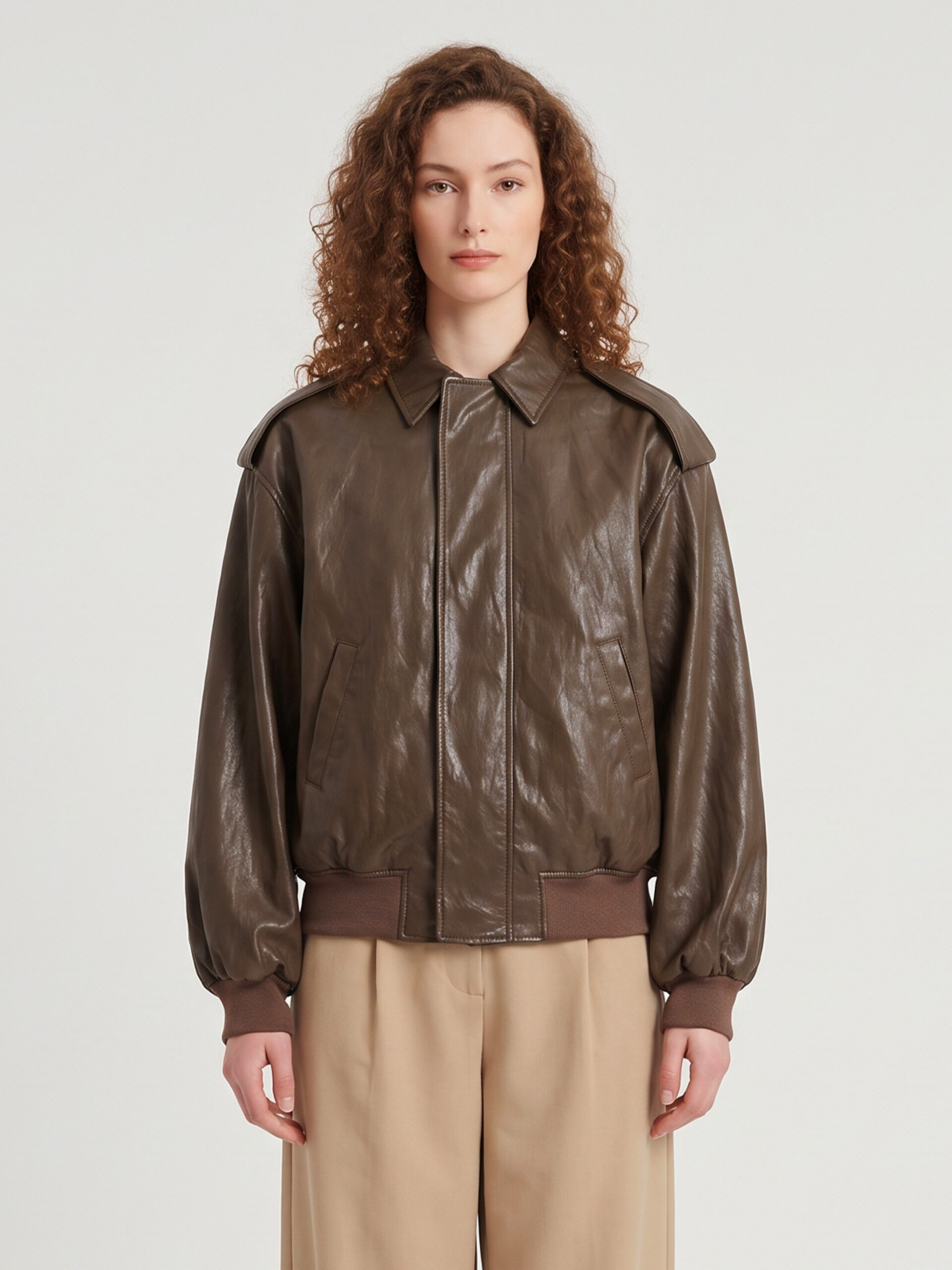 Sutton New York Brown laminated faux leather bomber jacket