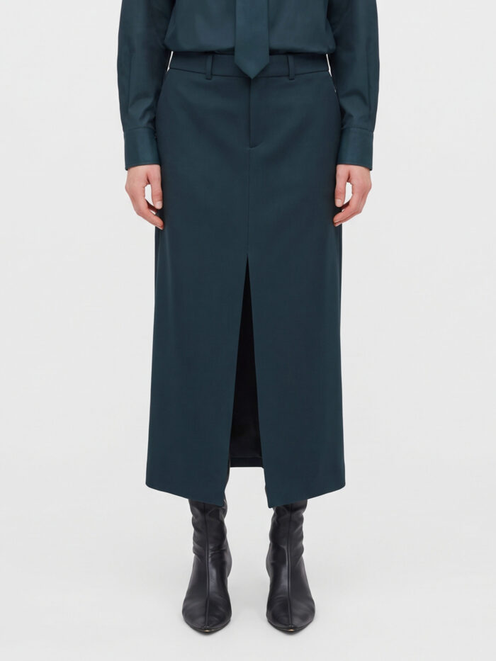 the frankie shop maybelle bottle green pencil skirt with front slit The Frankie Shop Maybelle bottle green pencil skirt with front slit