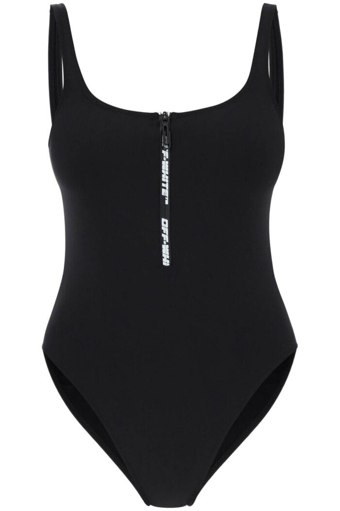 Off-white One-piece Swimsuit With Zip And Logo