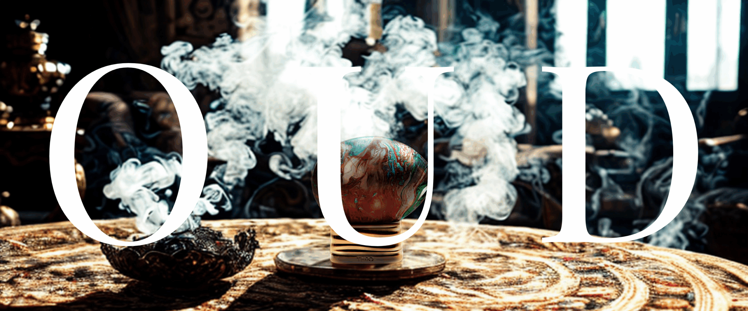 Luxury Oud Parfum surrounded by smoke and elegant decor - THE WISHLINE Oud Collection