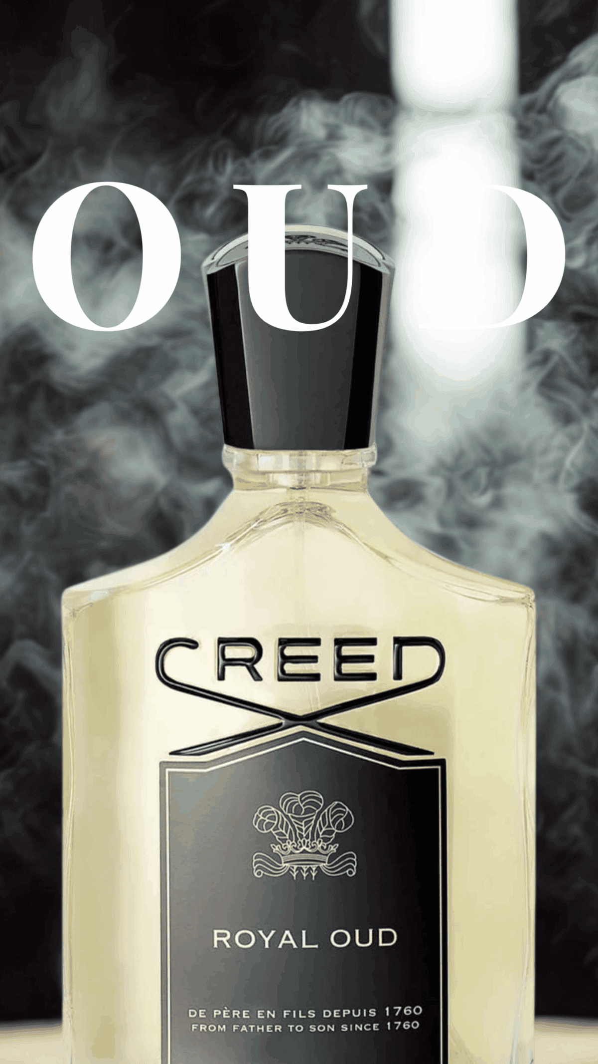 Luxury Oud Parfum surrounded by smoke and elegant decor - THE WISHLINE Oud Collection