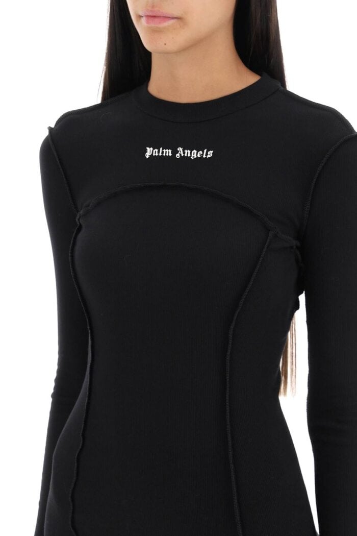 Palm Angels Long-sleeved Mini Dress In Ribbed Jersey