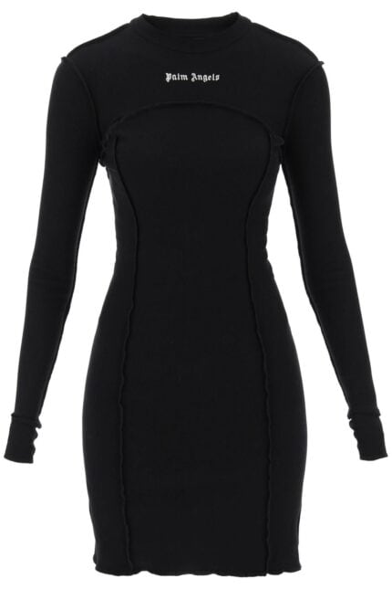 Palm Angels Long-sleeved Mini Dress In Ribbed Jersey