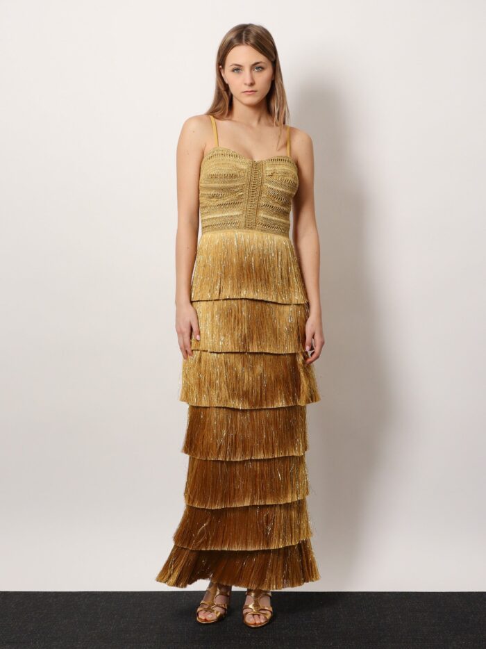 PATBO Long Dress With Embroidered Courset And Fringes