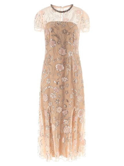 SELF PORTRAIT 'Pink Flower Sequin Embellished Midi' Dress