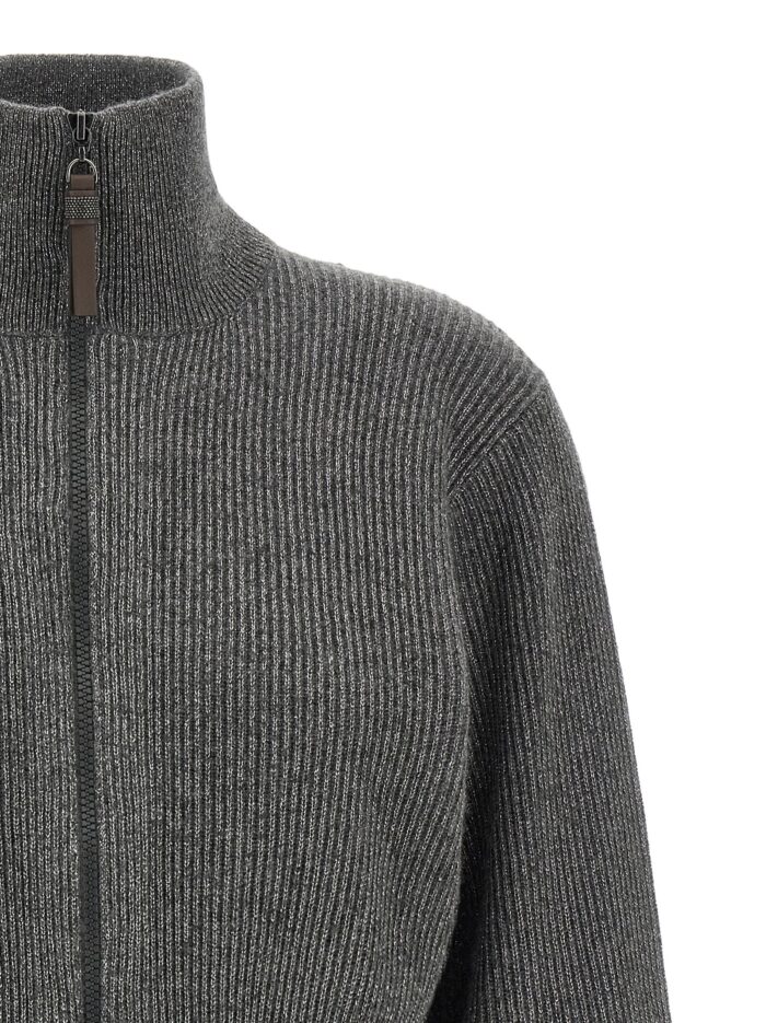 Brunello Cucinelli Ribbed Cardigan With Leather Detail
