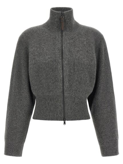 Brunello Cucinelli Ribbed Cardigan With Leather Detail