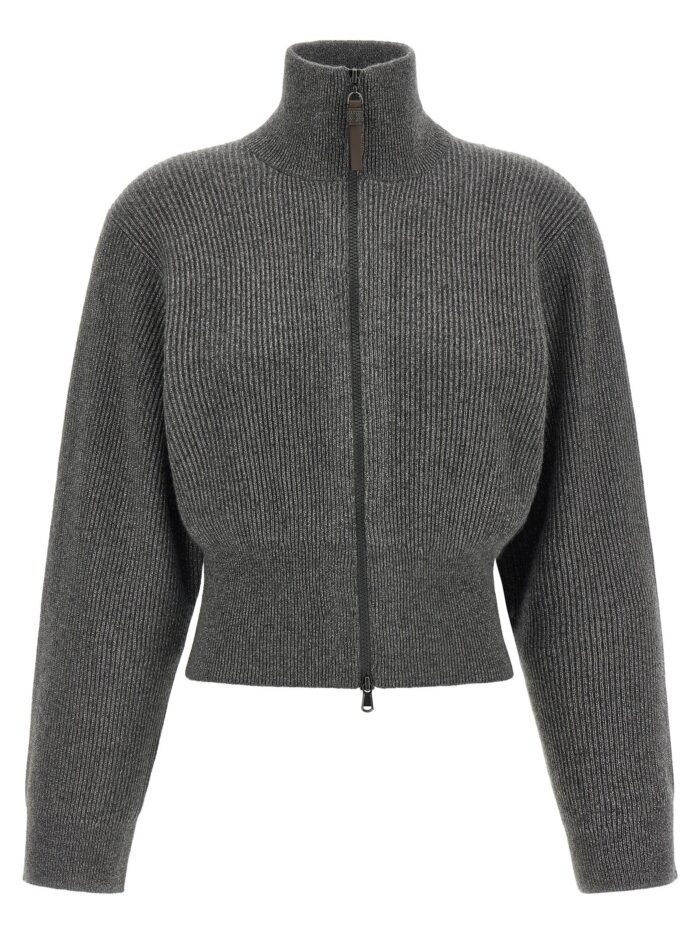 brunello cucinelli ribbed cardigan with leather detail Brunello Cucinelli Ribbed Cardigan With Leather Detail